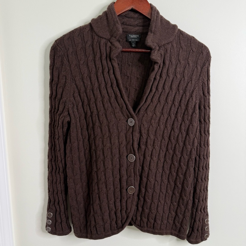 Talbots 100% Merino Wool Brown Cardigan Sweater Petite